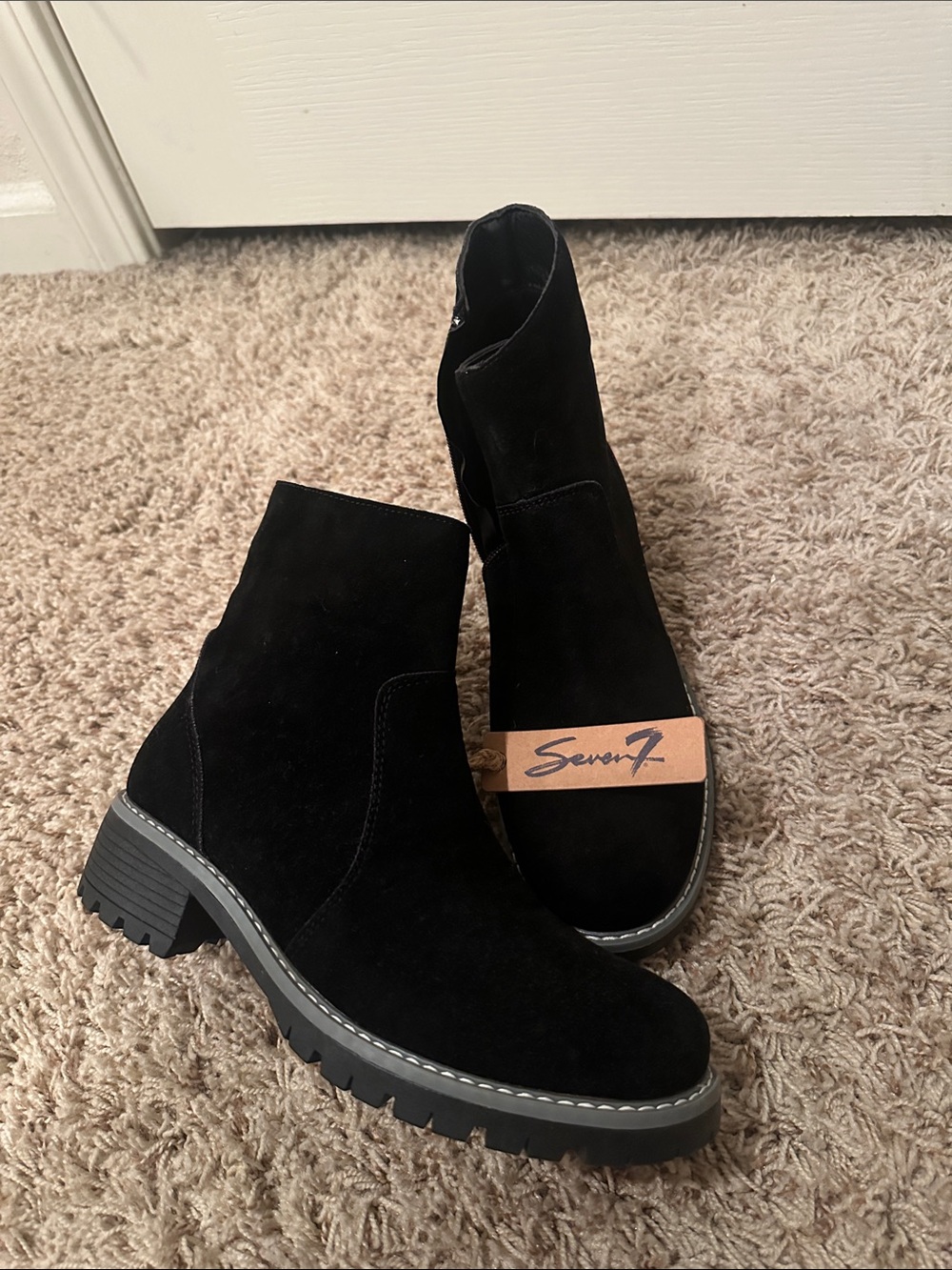 Seven7 Black Suede Lug Sole Ankle Booties